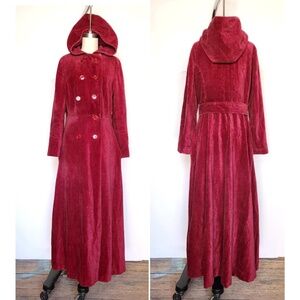 Vintage Hooded RED Corduroy Coat Floor Length Hooded Coat Red Riding Hood 70s